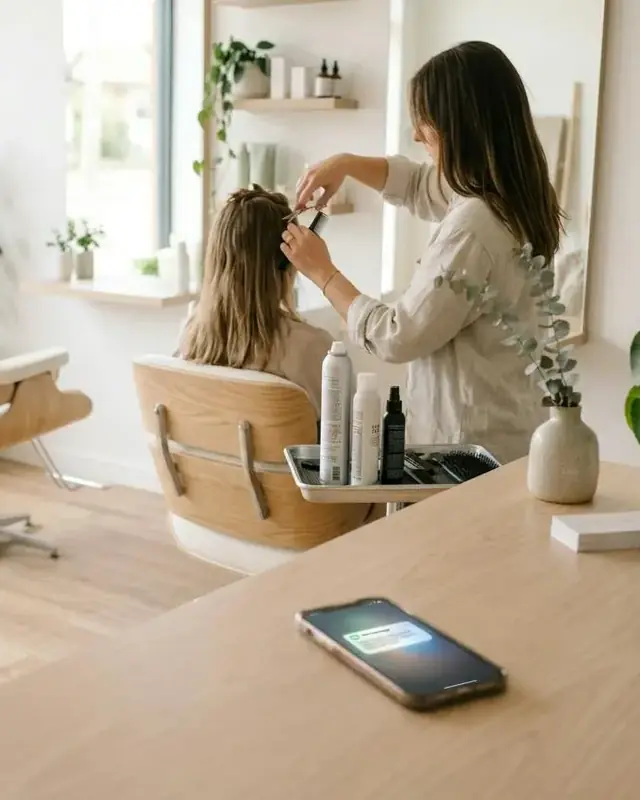 A salon owner cutting a client’s hair while a new enquiry arrives on her phone