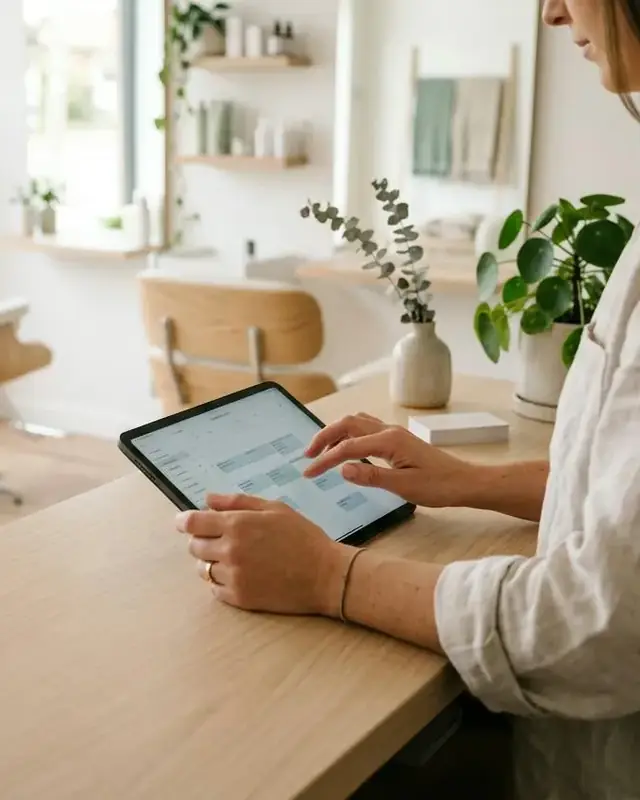 The salon owner reading a drafted reply on a tablet